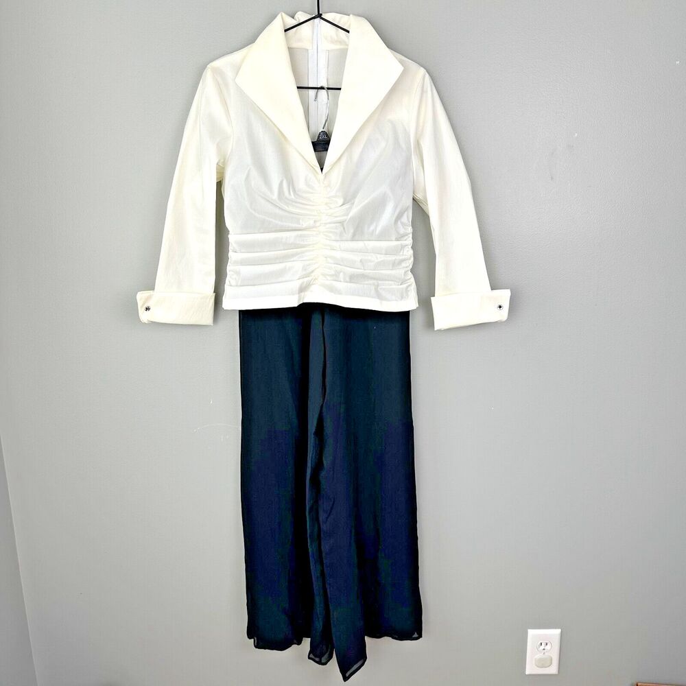 Vtg Tadashi 2pc Taffeta Ruched Blouse Wide Leg Sheer Pant Outfit Womens 4 Formal